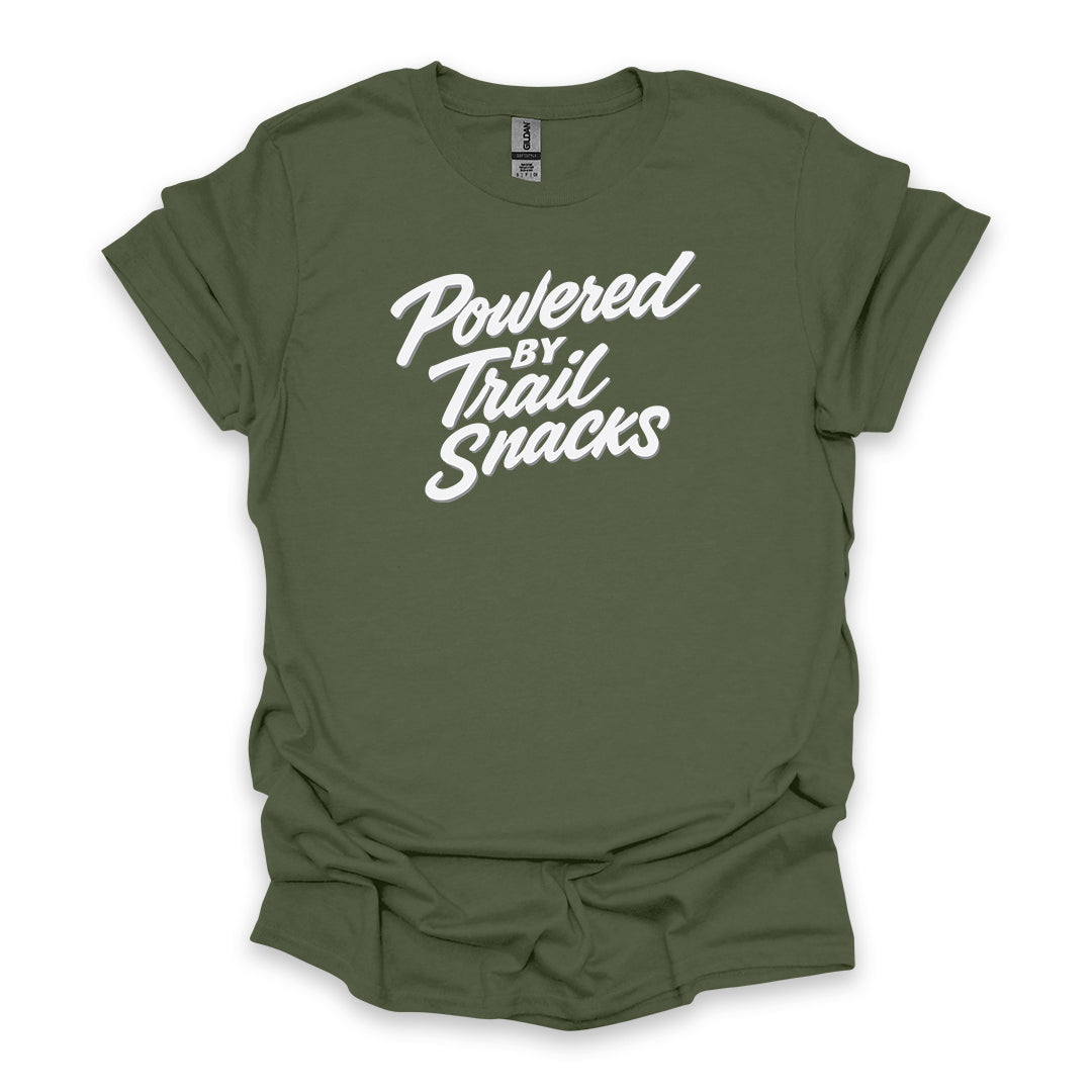 Powered By Trail Snacks • Hiking T-shirt • Fun Script Graphic