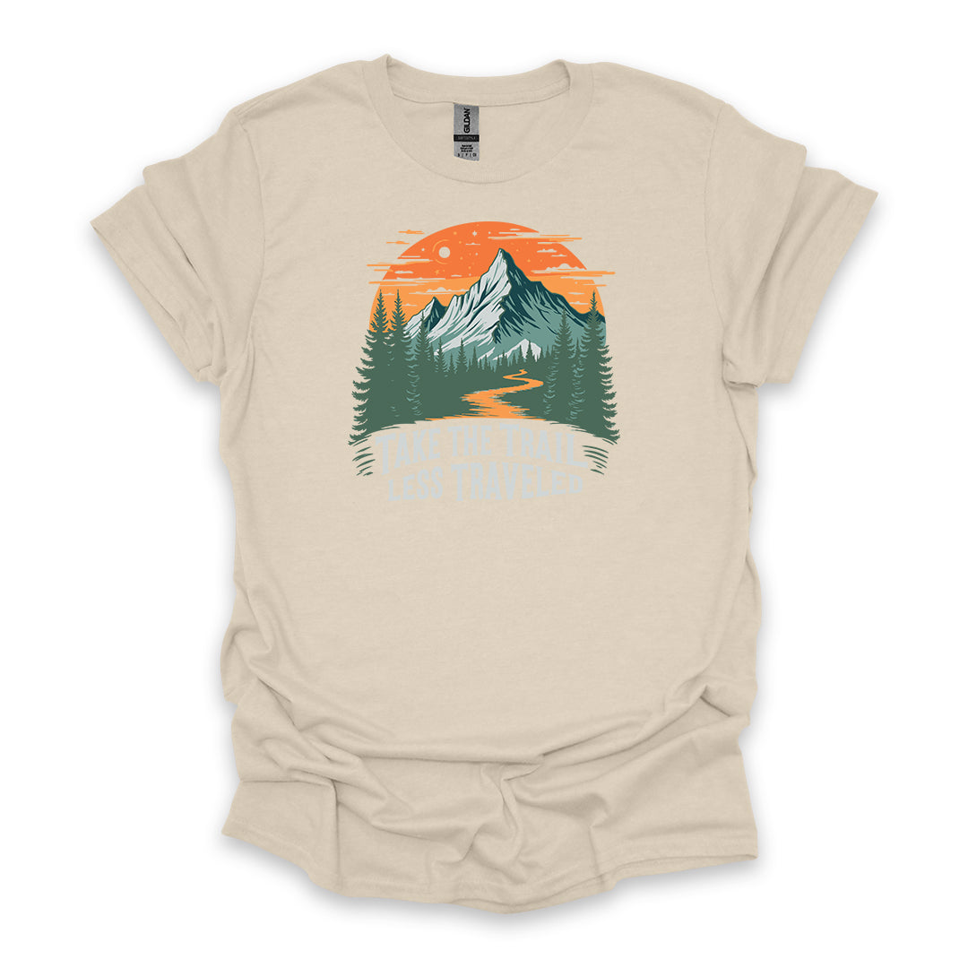 Take The Trail Less Traveled • Hiking T-shirt • Retro Mountain Sunset