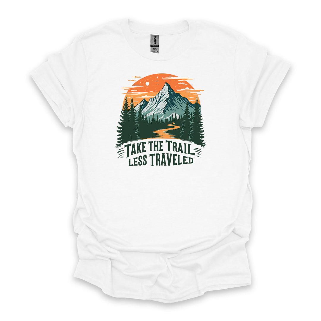 Take The Trail Less Traveled • Hiking T-shirt • Retro Mountain Sunset