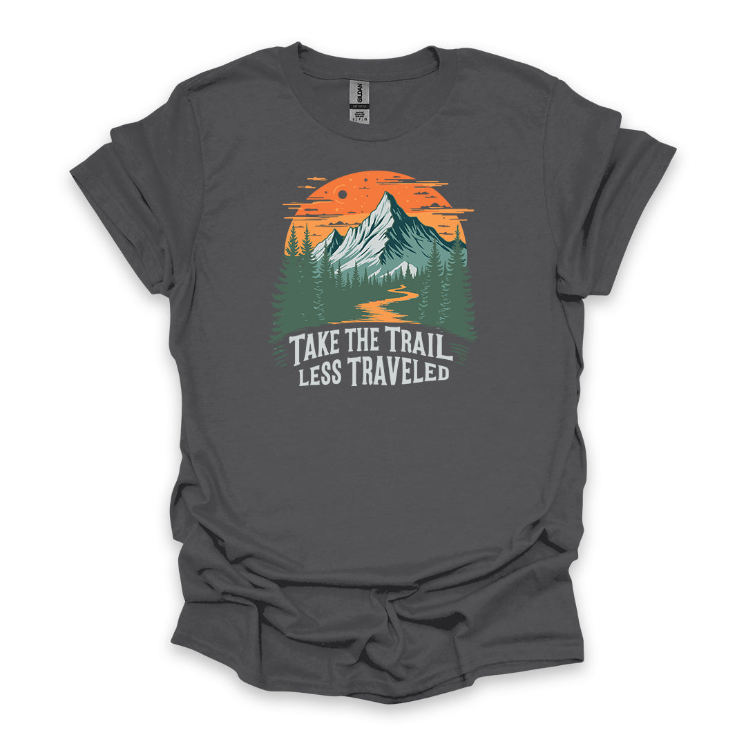 Take The Trail Less Traveled • Hiking T-shirt • Retro Mountain Sunset