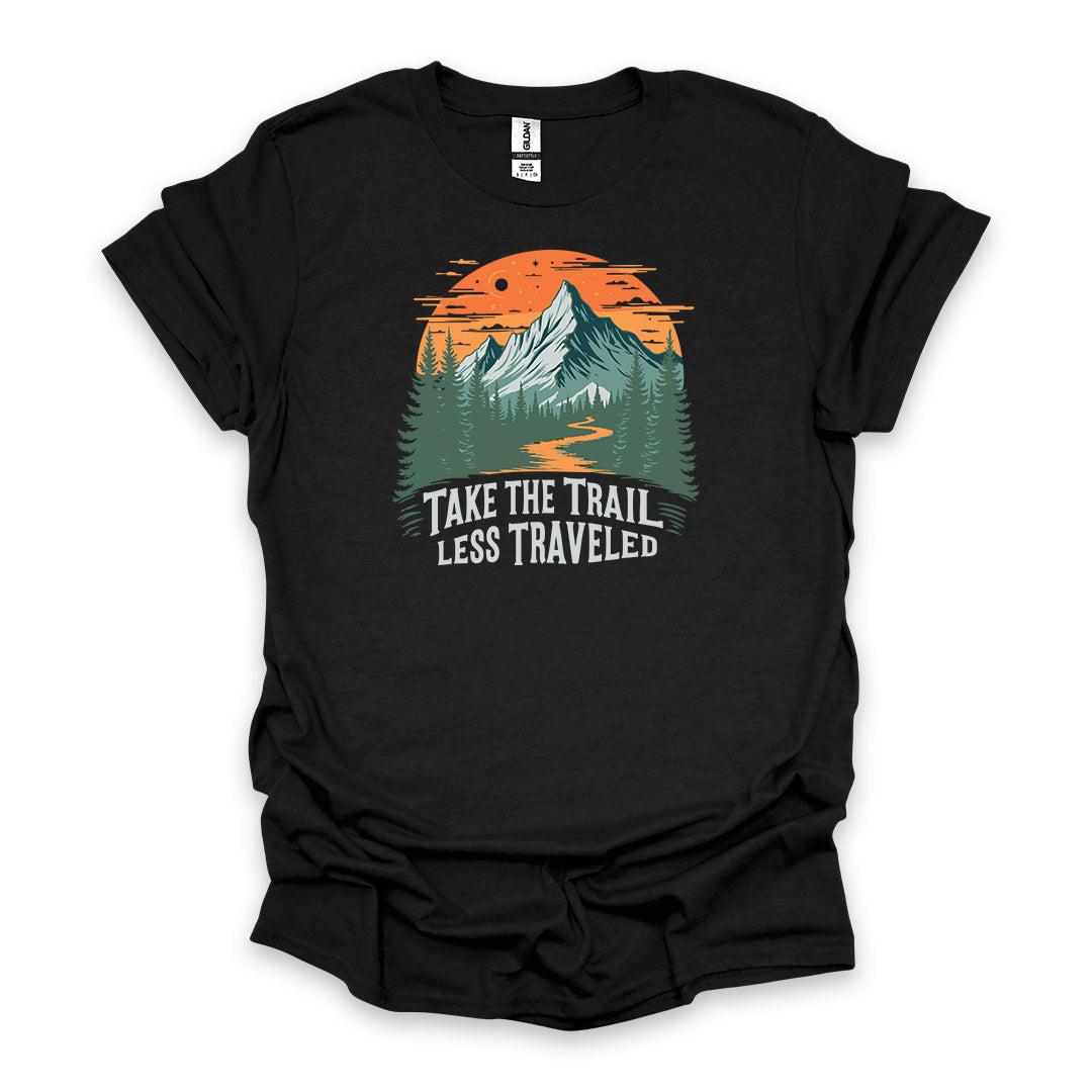 Take The Trail Less Traveled • Hiking T-shirt • Retro Mountain Sunset