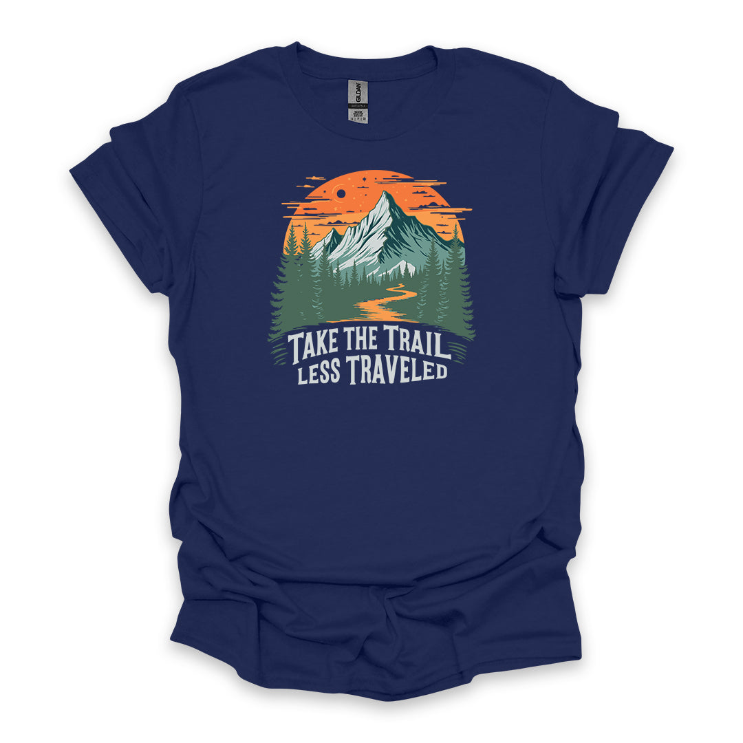 Take The Trail Less Traveled • Hiking T-shirt • Retro Mountain Sunset