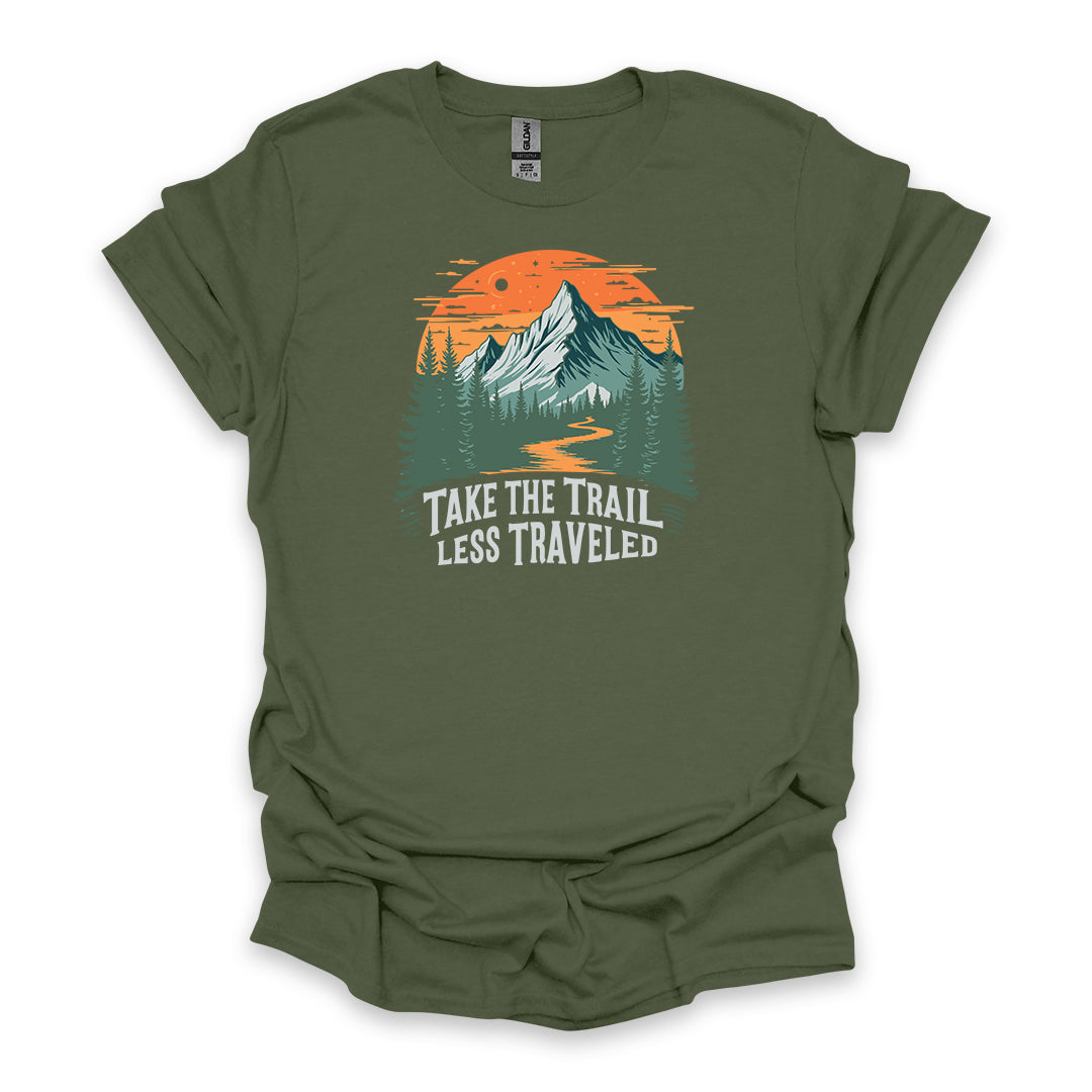 Take The Trail Less Traveled • Hiking T-shirt • Retro Mountain Sunset