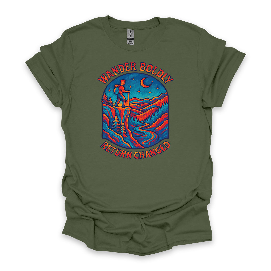 Wander Boldly Return Changed • Hiking T-shirt • Vibrant Mountain Graphic