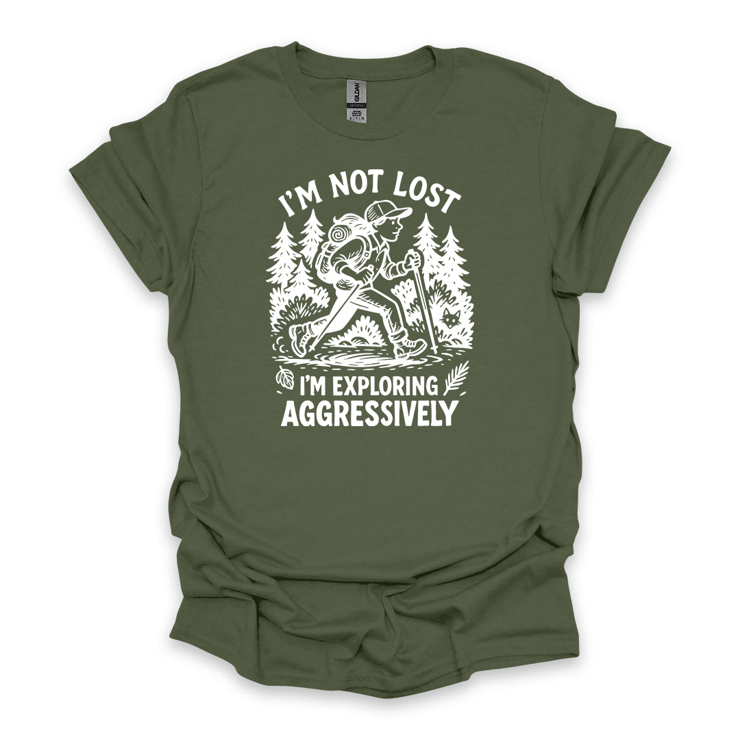 I’m Not Lost I’m Exploring Aggressively • Women's Hiking T-shirt • Retro Explorer Graphic