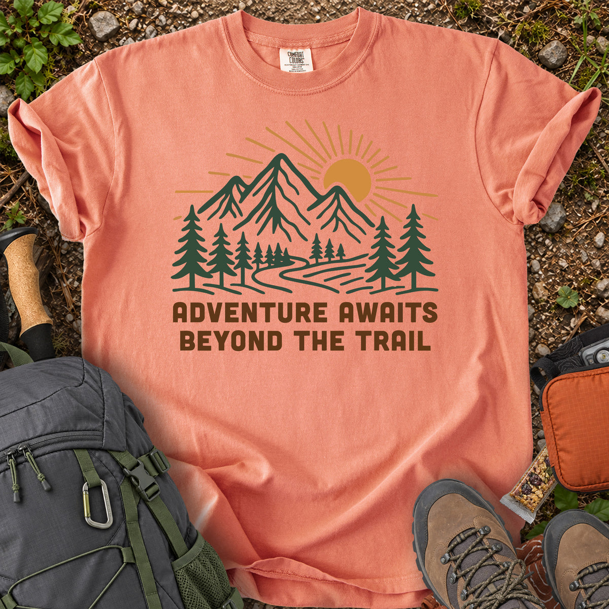 Adventure Awaits Beyond the Trail mountain forest graphic T-shirt