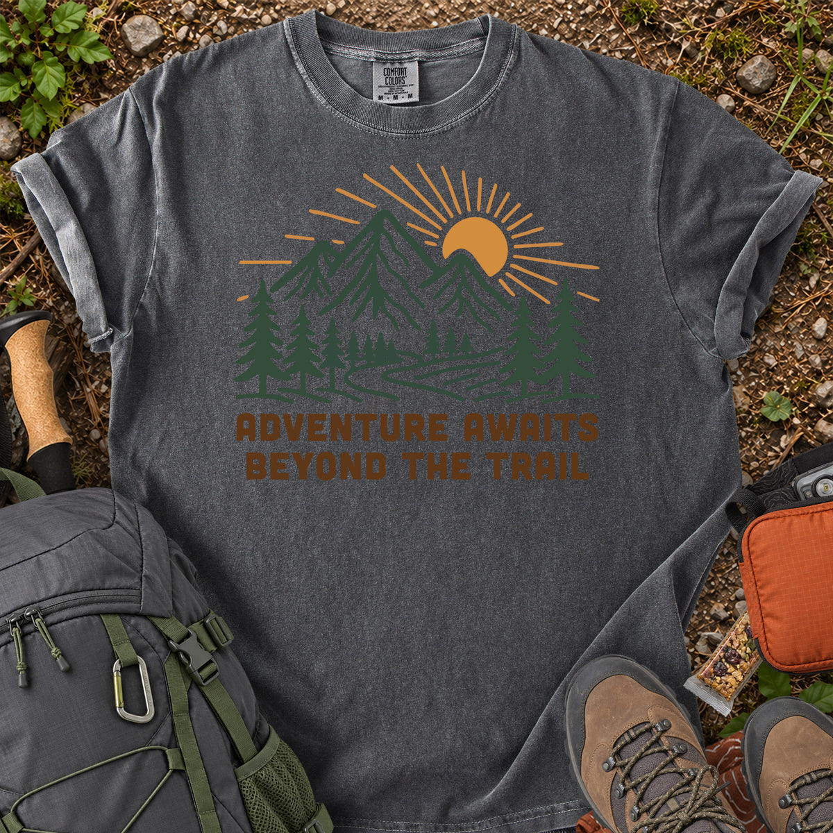 Adventure Awaits Beyond the Trail mountain forest graphic T-shirt