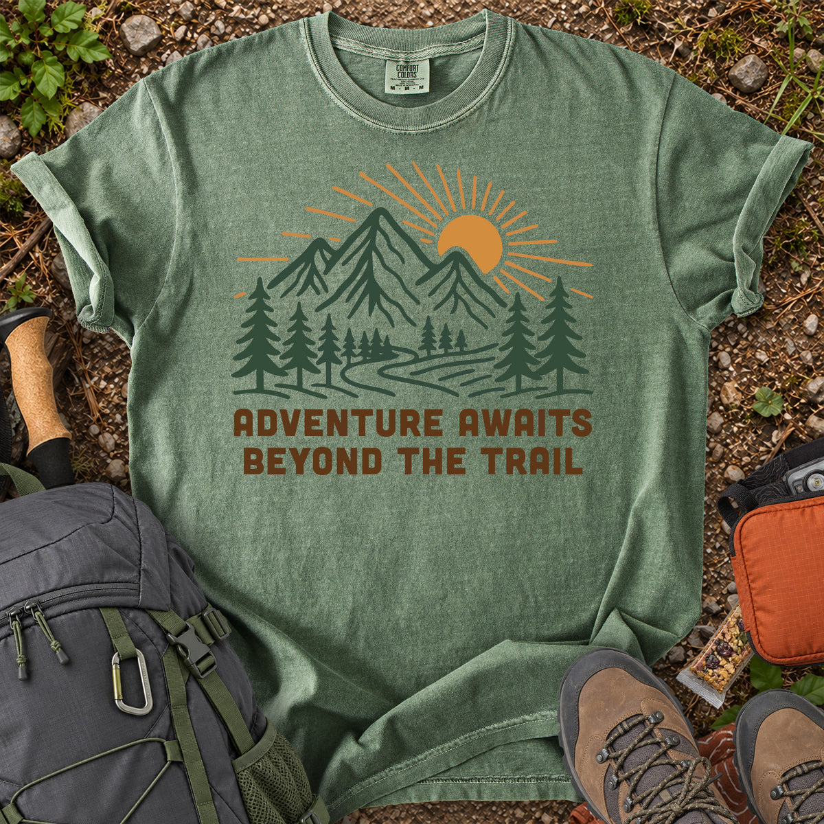 Adventure Awaits Beyond the Trail mountain forest graphic T-shirt
