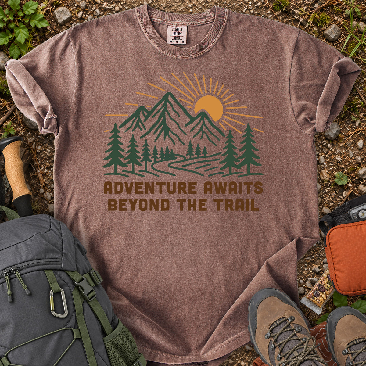 Adventure Awaits Beyond the Trail mountain forest graphic T-shirt