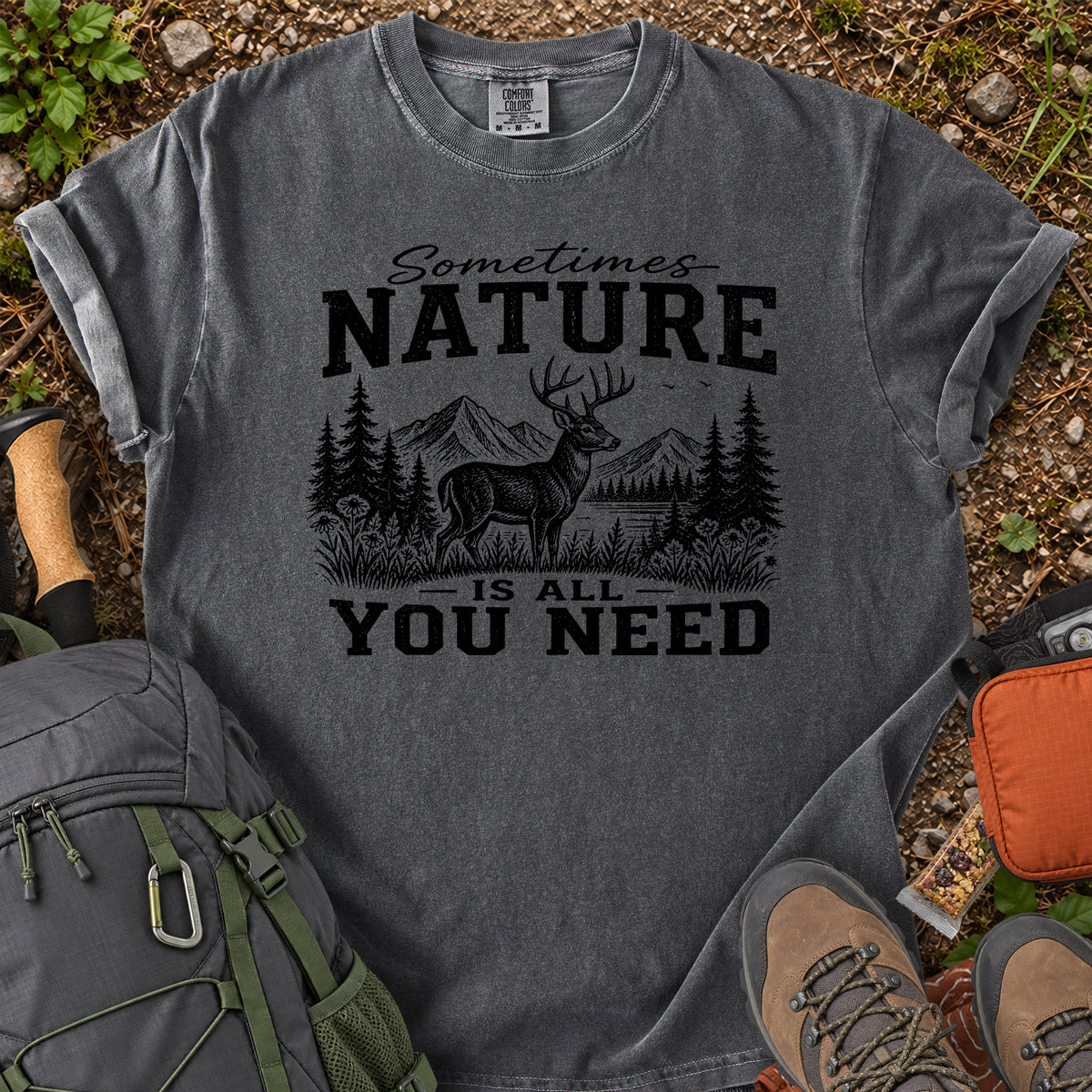 Sometimes Nature Is All You Need deer mountain graphic T-shirt