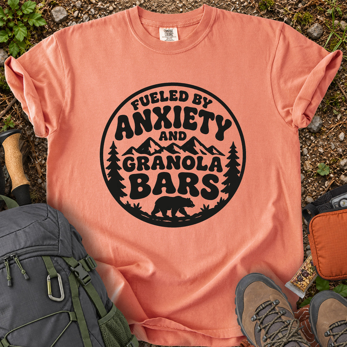 Fueled by Anxiety and Granola Bars hiking humor T-shirt