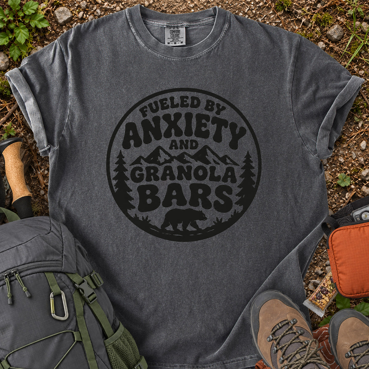 Fueled by Anxiety and Granola Bars hiking humor T-shirt
