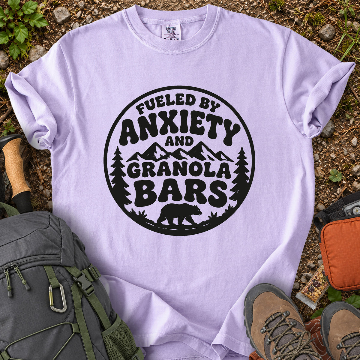 Fueled by Anxiety and Granola Bars hiking humor T-shirt