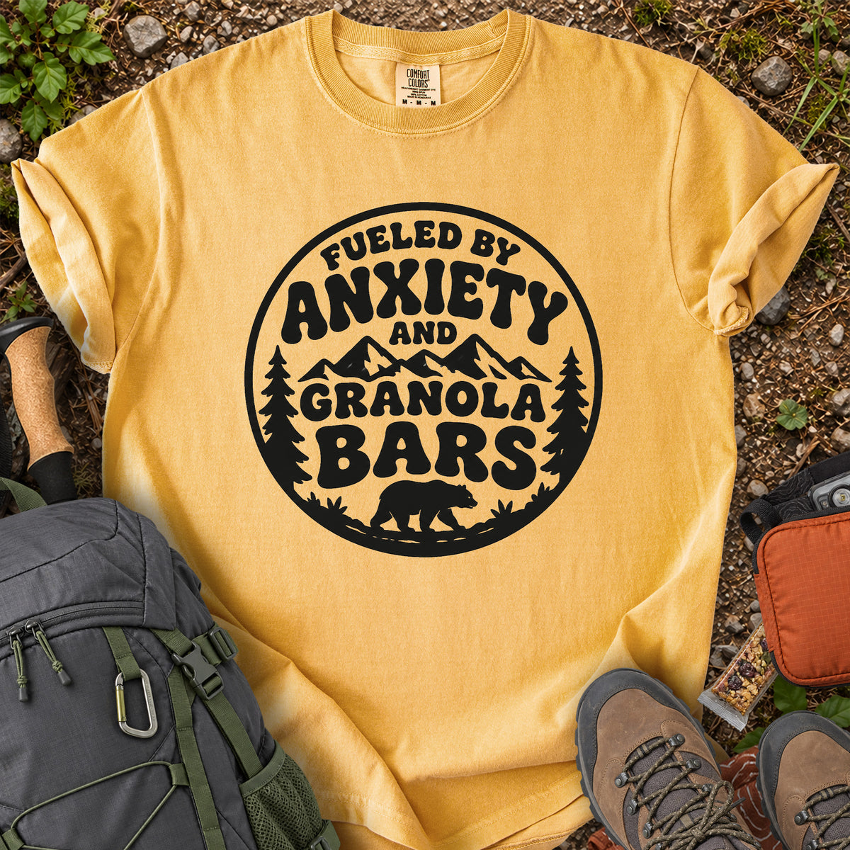 Fueled by Anxiety and Granola Bars hiking humor T-shirt