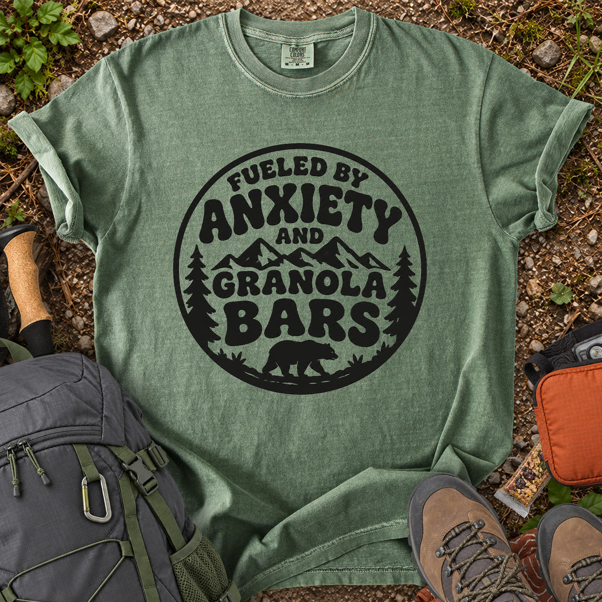 Fueled by Anxiety and Granola Bars hiking humor T-shirt