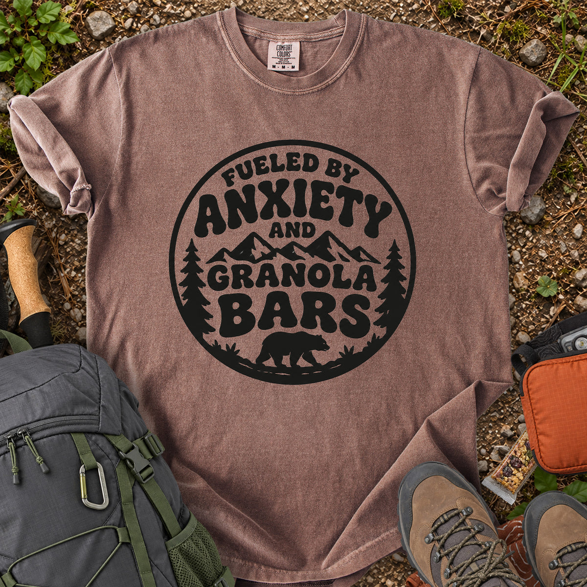 Fueled by Anxiety and Granola Bars hiking humor T-shirt
