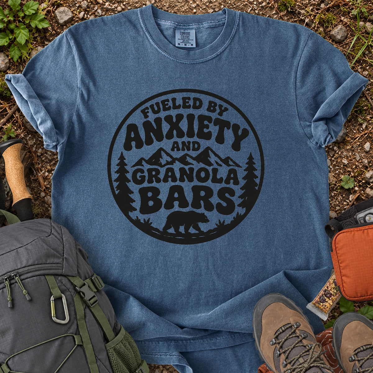 Fueled by Anxiety and Granola Bars hiking humor T-shirt