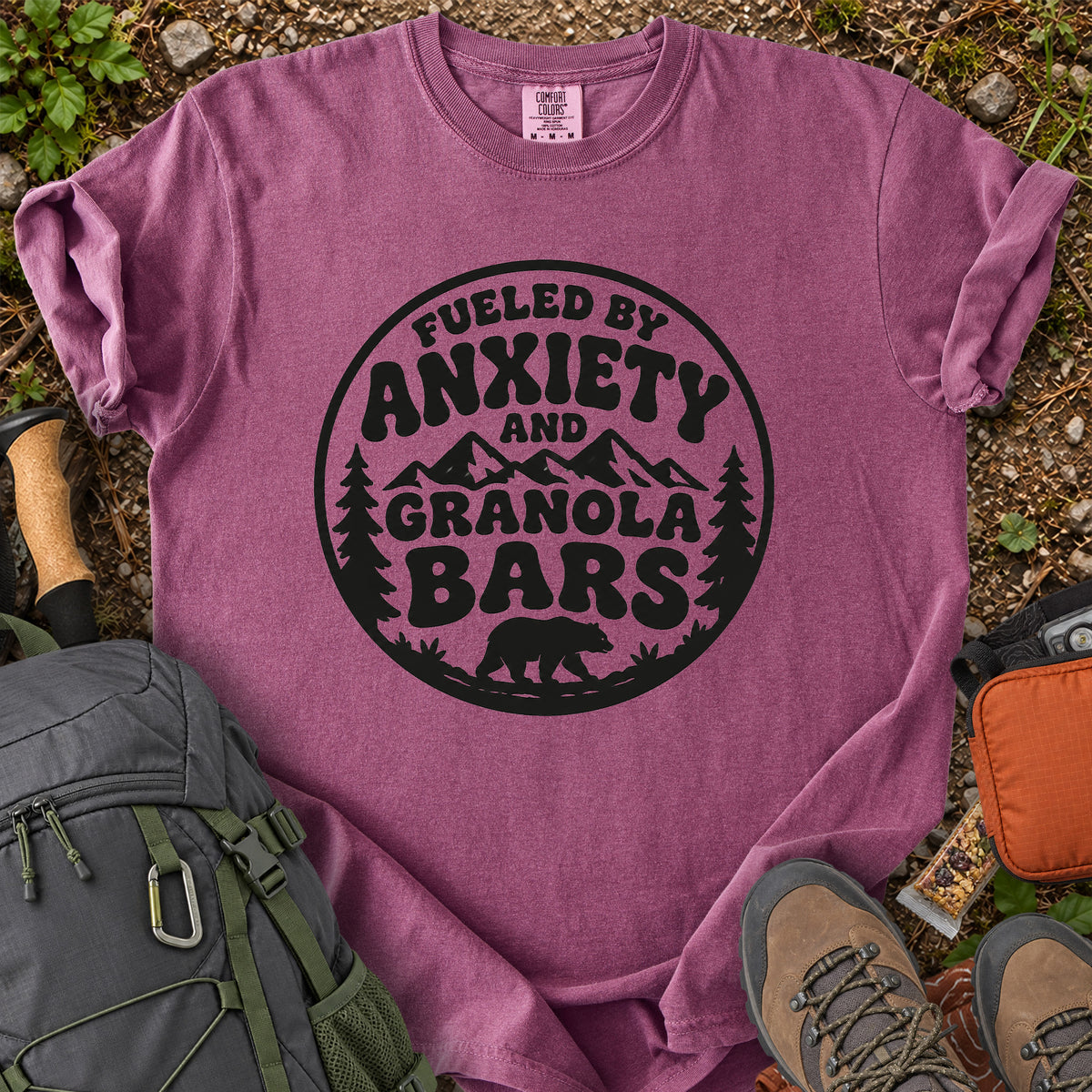 Fueled by Anxiety and Granola Bars hiking humor T-shirt