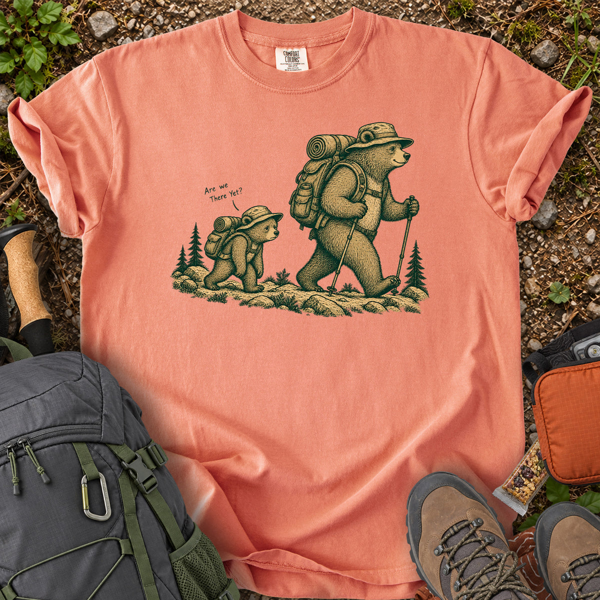 Are We There Yet backpacking bear graphic T-shirt