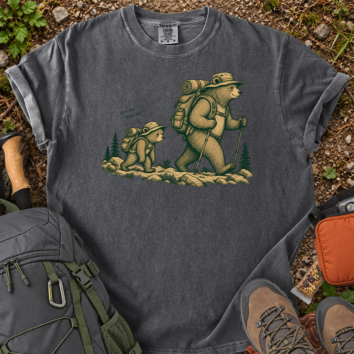 Are We There Yet backpacking bear graphic T-shirt