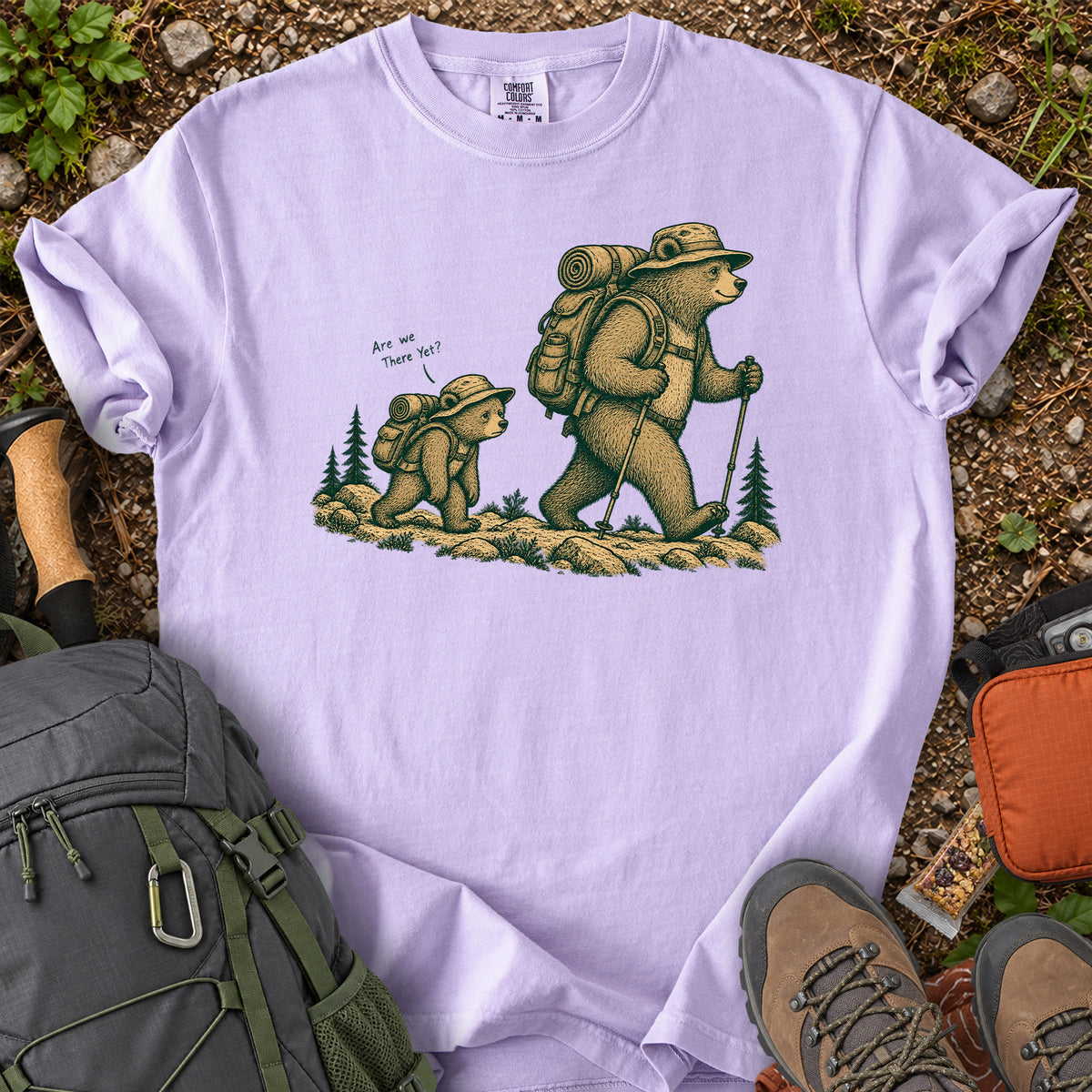 Are We There Yet backpacking bear graphic T-shirt