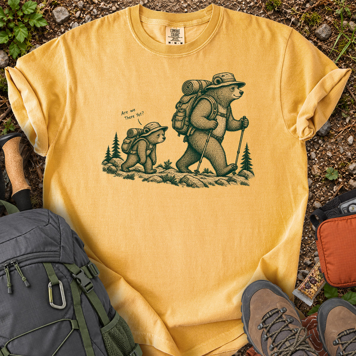 Are We There Yet backpacking bear graphic T-shirt