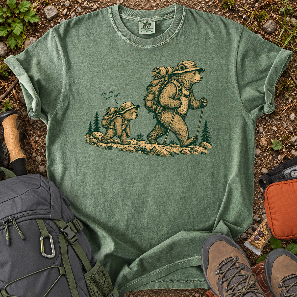 Are We There Yet backpacking bear graphic T-shirt