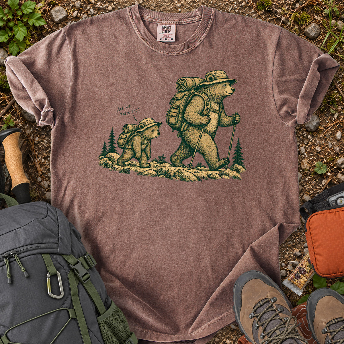 Are We There Yet backpacking bear graphic T-shirt