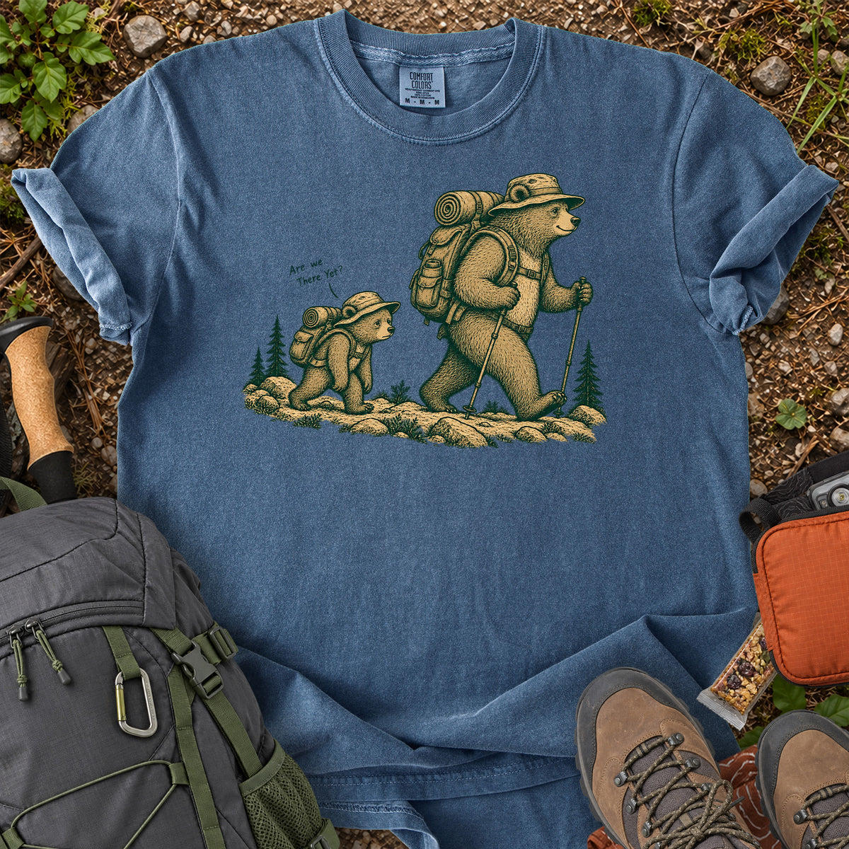 Are We There Yet backpacking bear graphic T-shirt