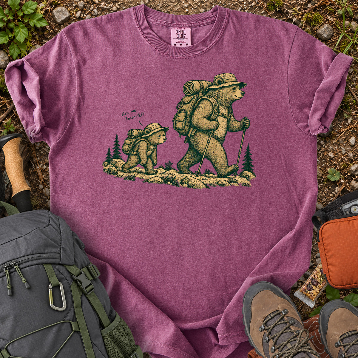 Are We There Yet backpacking bear graphic T-shirt