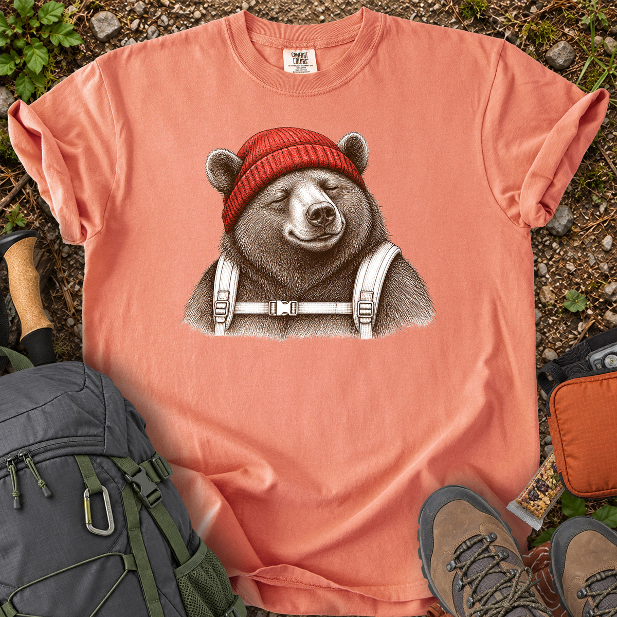 Beanie Bear woodland backpacking bear graphic T-shirt