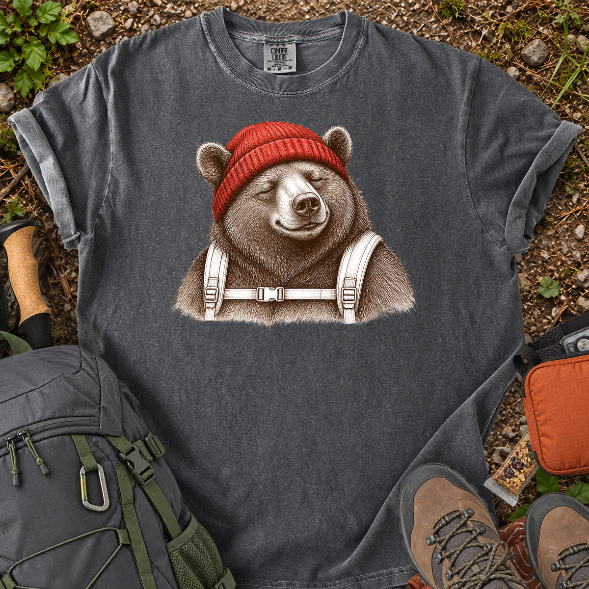Beanie Bear woodland backpacking bear graphic T-shirt