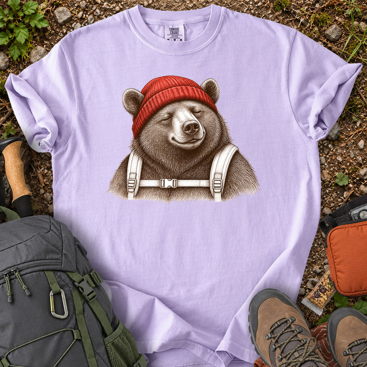 Beanie Bear woodland backpacking bear graphic T-shirt