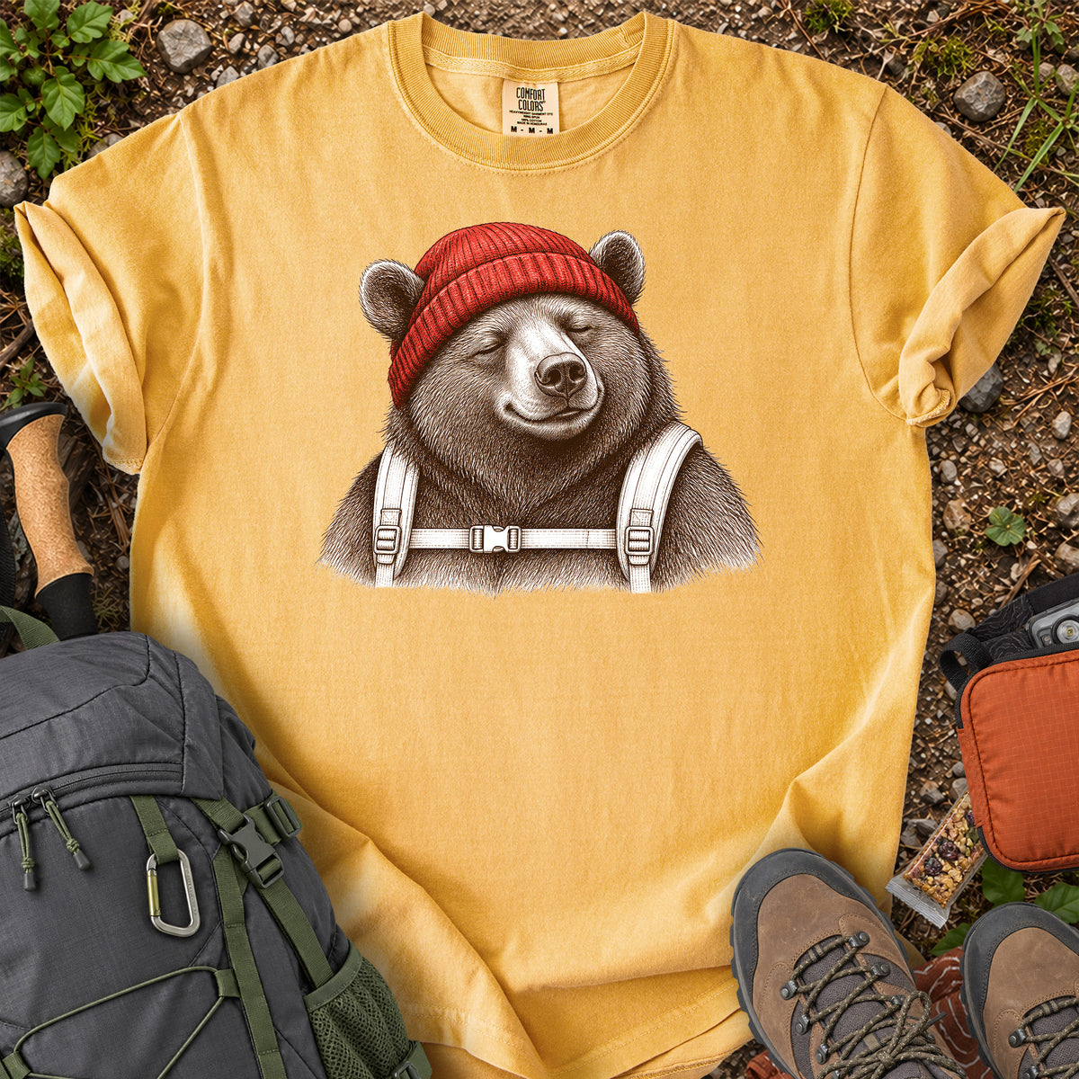 Beanie Bear woodland backpacking bear graphic T-shirt