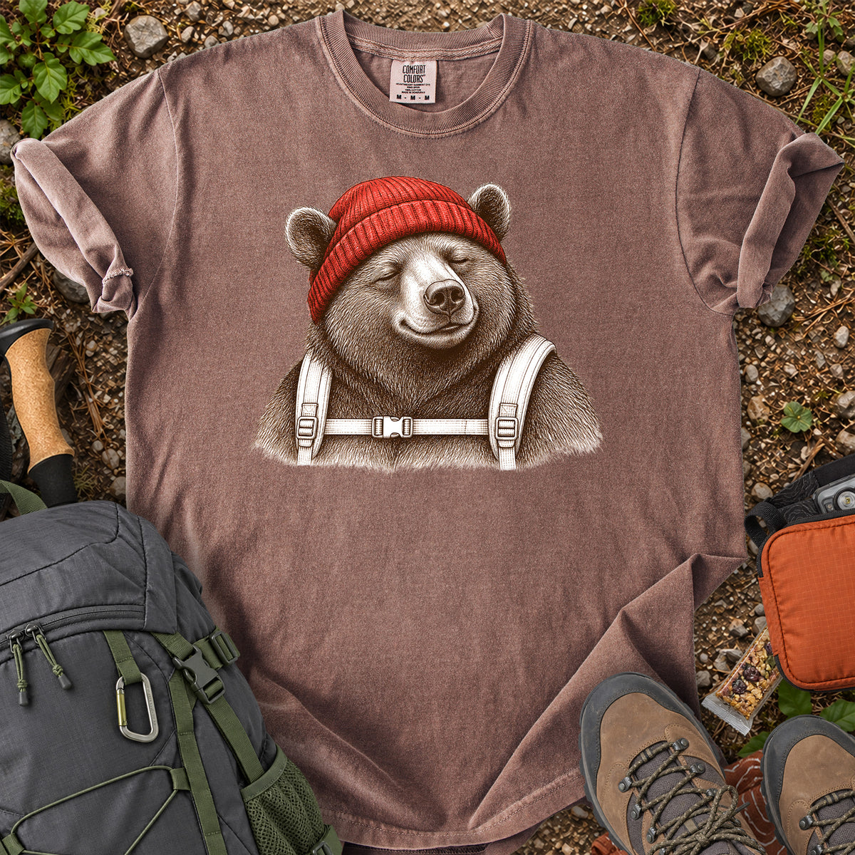 Beanie Bear woodland backpacking bear graphic T-shirt