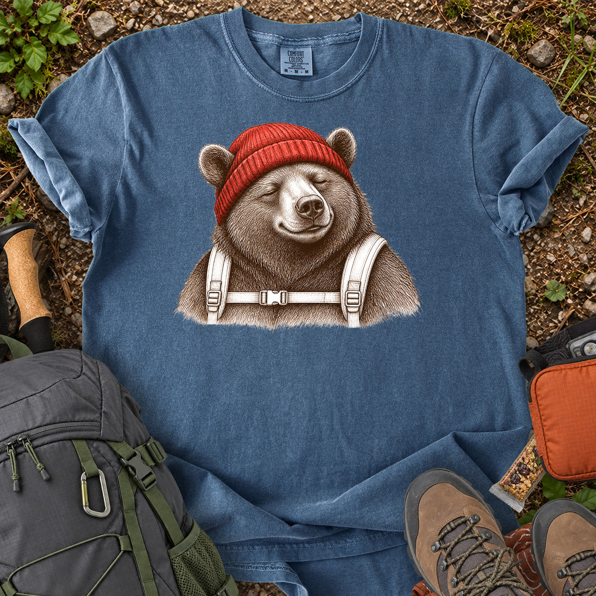 Beanie Bear woodland backpacking bear graphic T-shirt