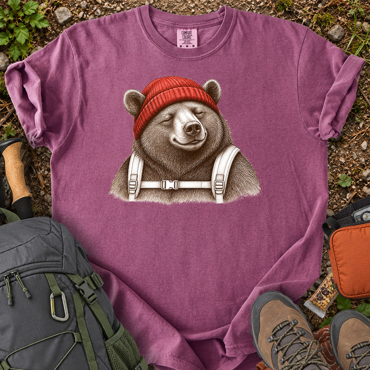 Beanie Bear woodland backpacking bear graphic T-shirt