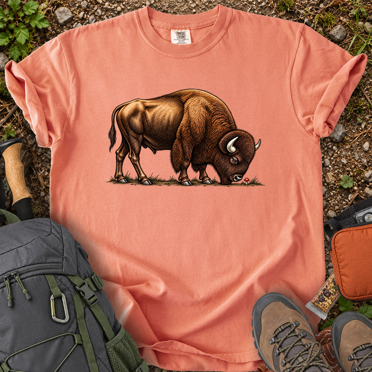 Bison Meets Mushroom whimsical wildlife graphic T-shirt