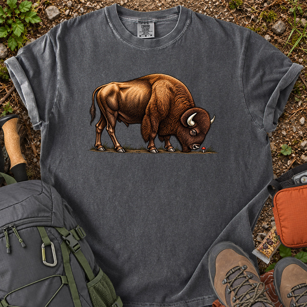 Bison Meets Mushroom whimsical wildlife graphic T-shirt