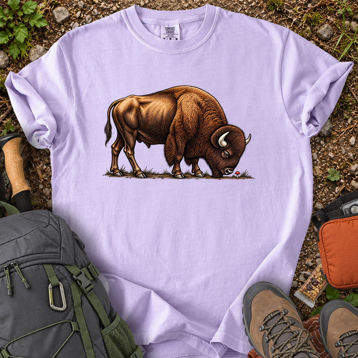 Bison Meets Mushroom whimsical wildlife graphic T-shirt