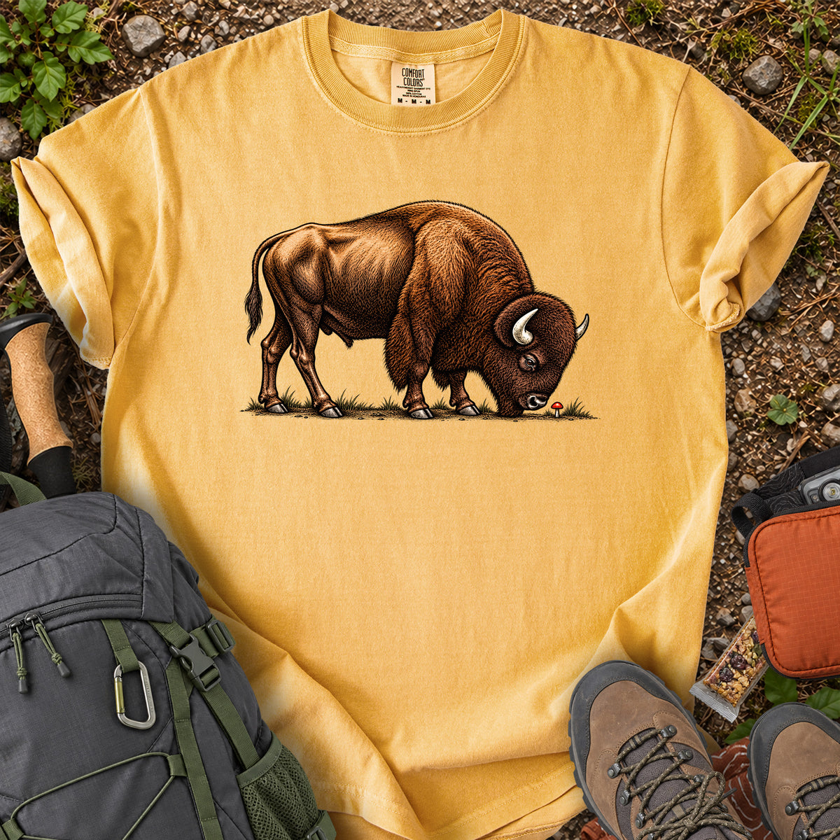 Bison Meets Mushroom whimsical wildlife graphic T-shirt