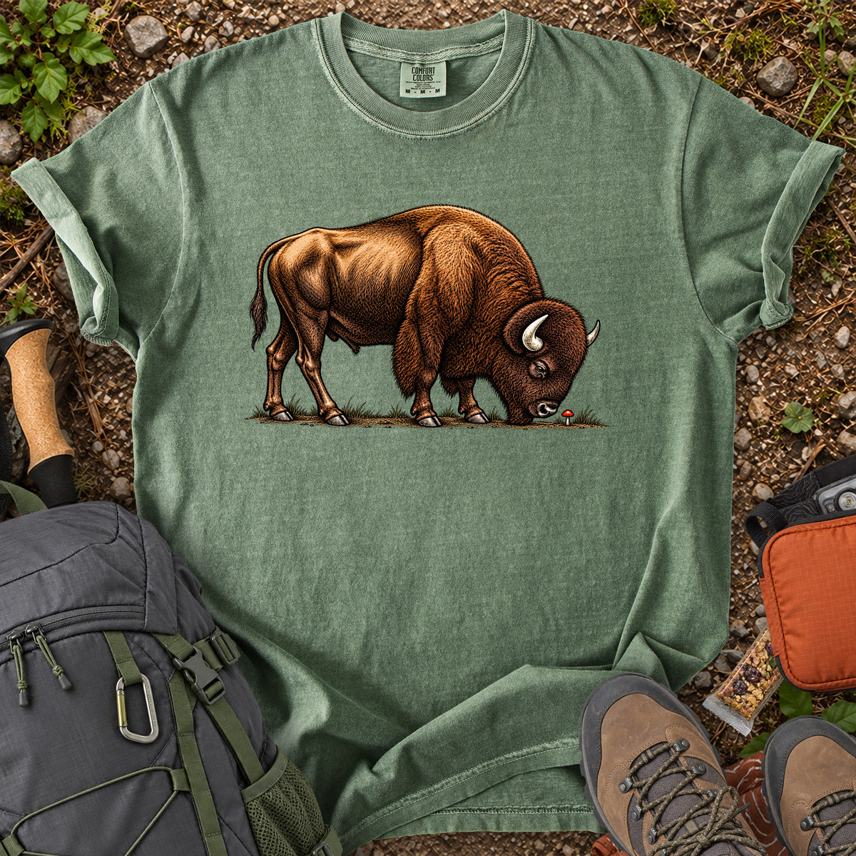 Bison Meets Mushroom whimsical wildlife graphic T-shirt