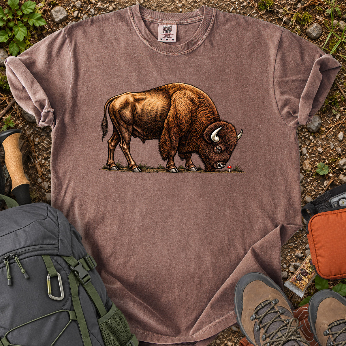 Bison Meets Mushroom whimsical wildlife graphic T-shirt