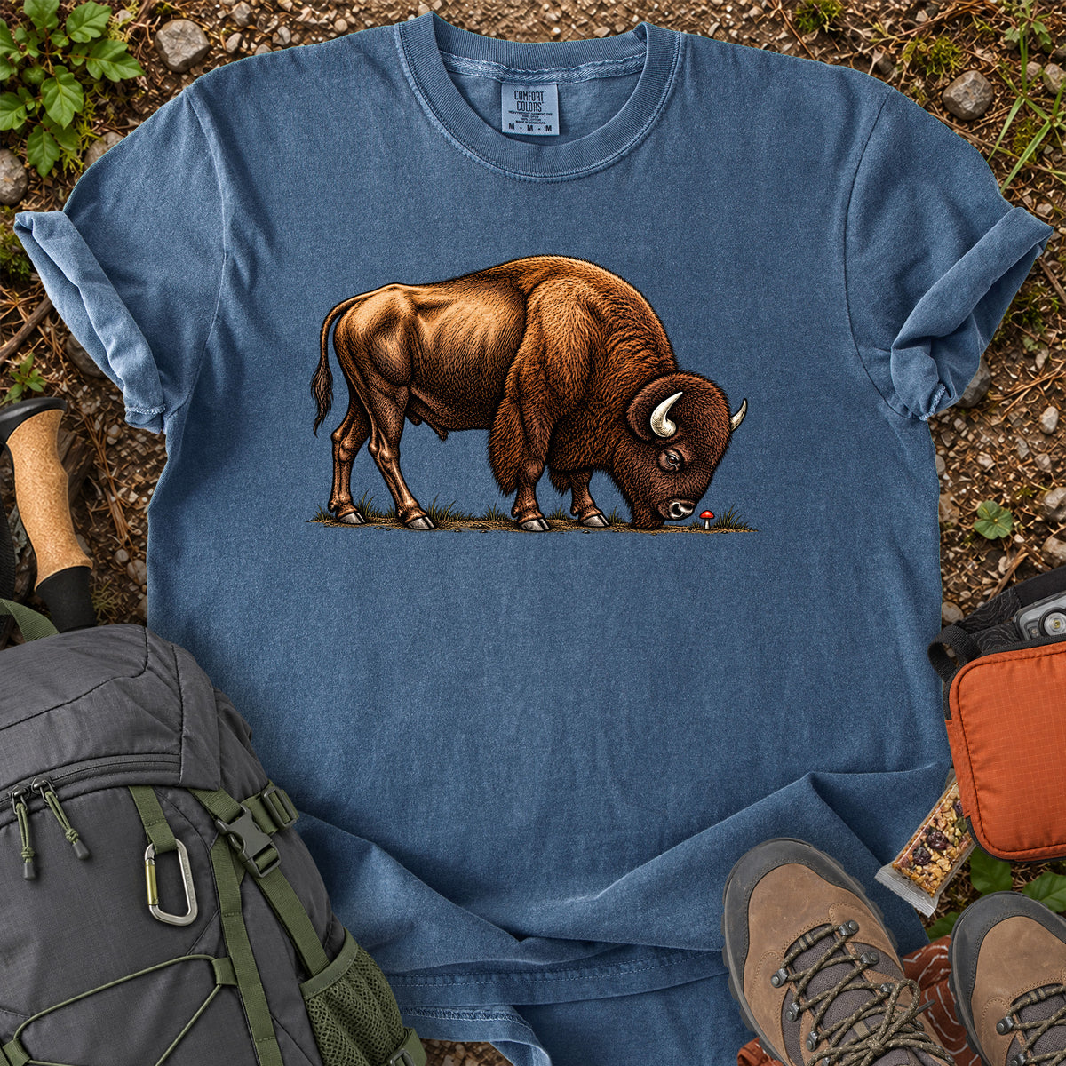 Bison Meets Mushroom whimsical wildlife graphic T-shirt