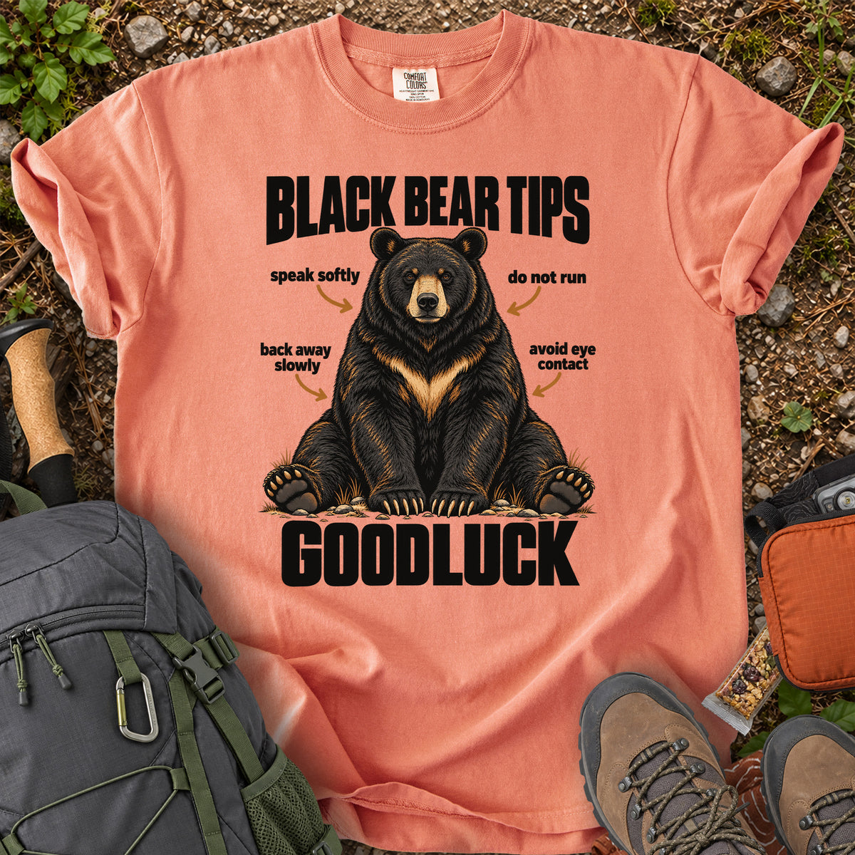Bear Safety Tips Good Luck hiking humor graphic T-shirt