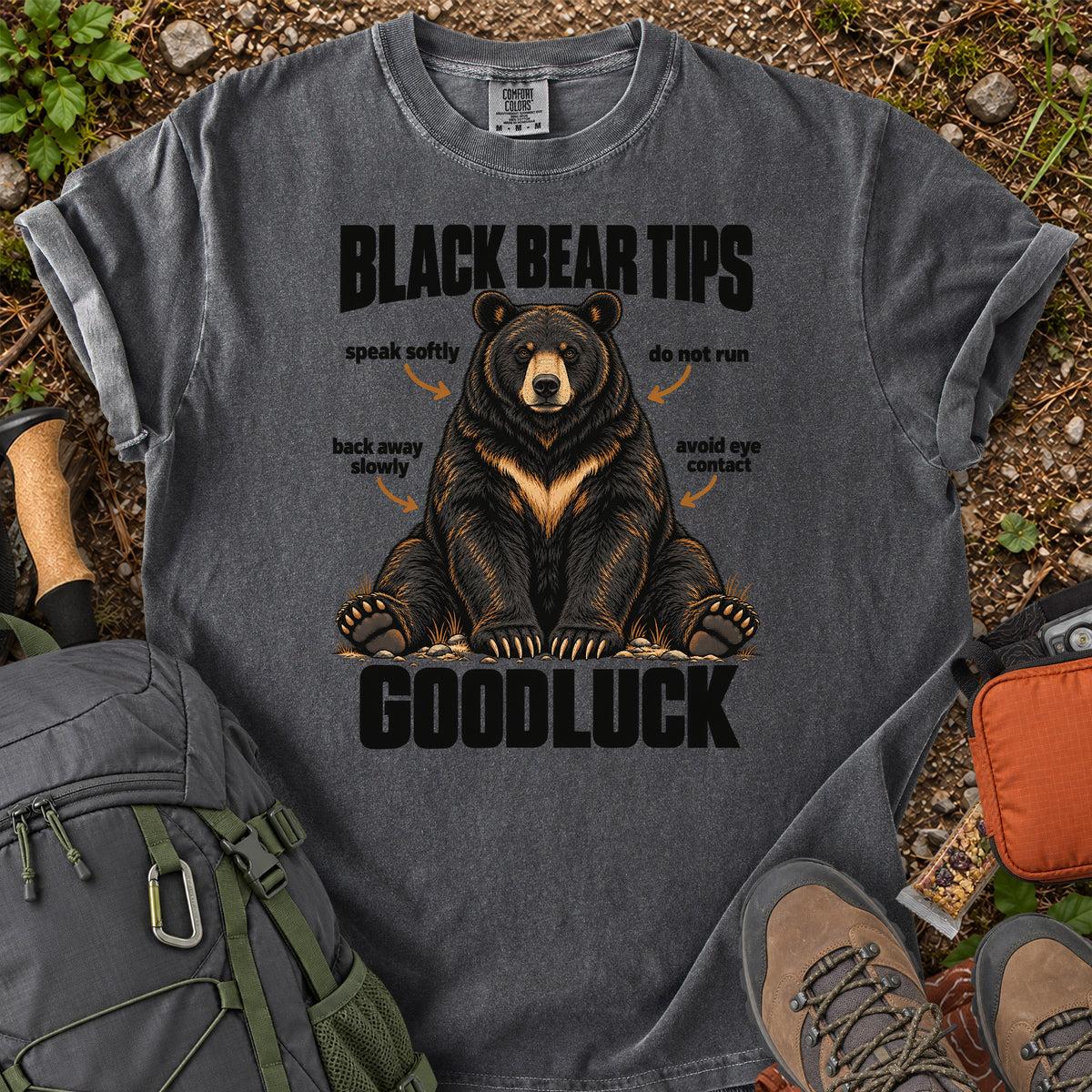 Bear Safety Tips Good Luck hiking humor graphic T-shirt