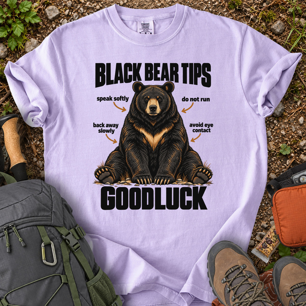 Bear Safety Tips Good Luck hiking humor graphic T-shirt