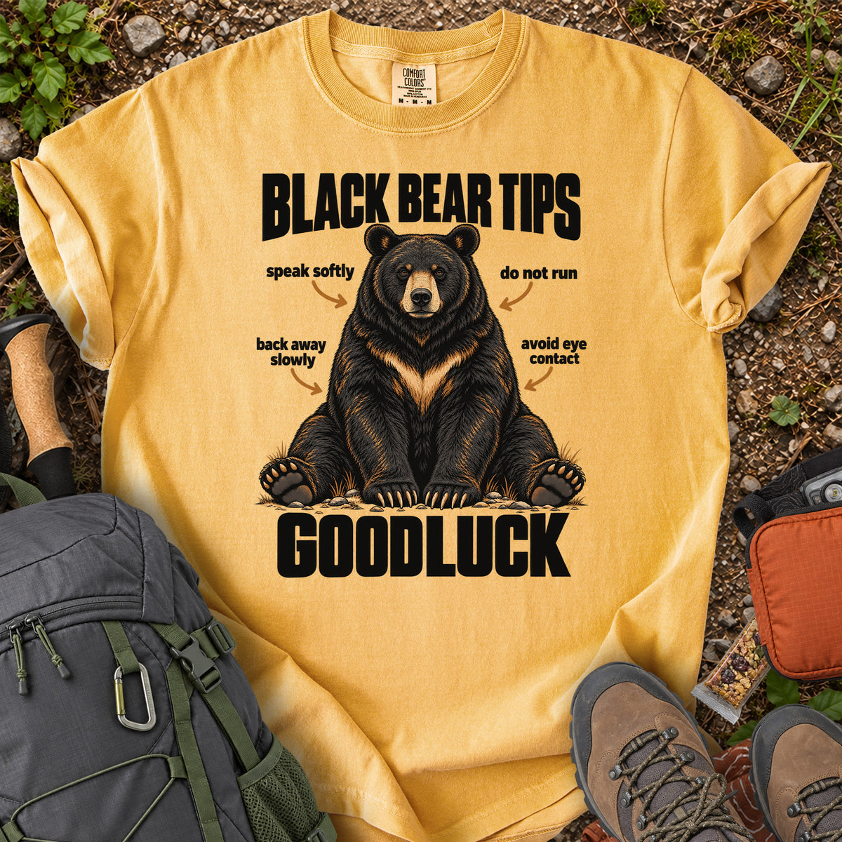 Bear Safety Tips Good Luck hiking humor graphic T-shirt