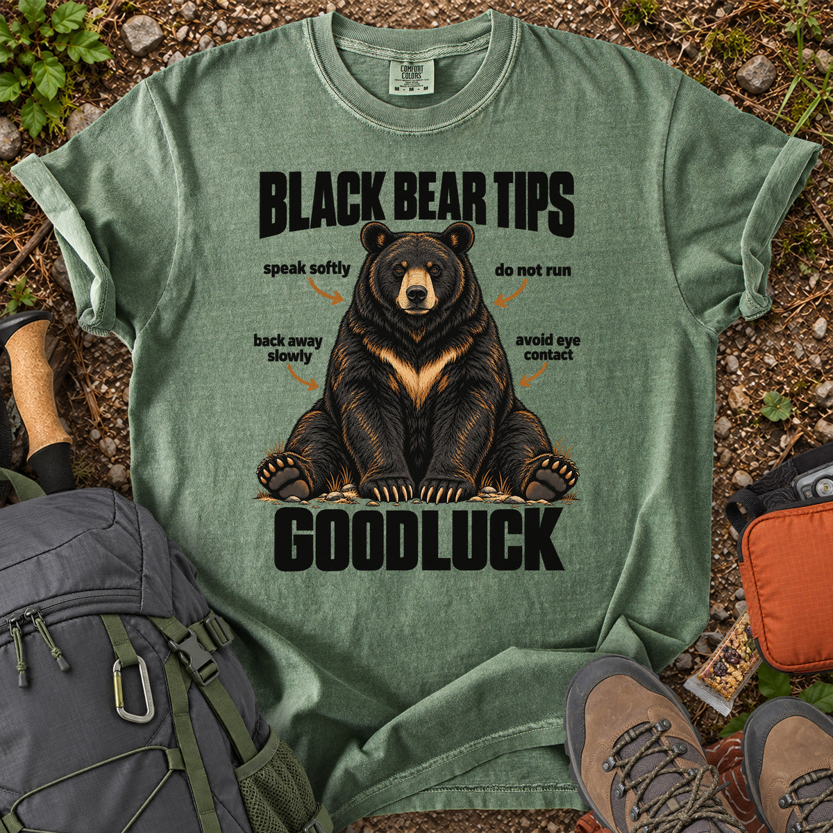 Bear Safety Tips Good Luck hiking humor graphic T-shirt