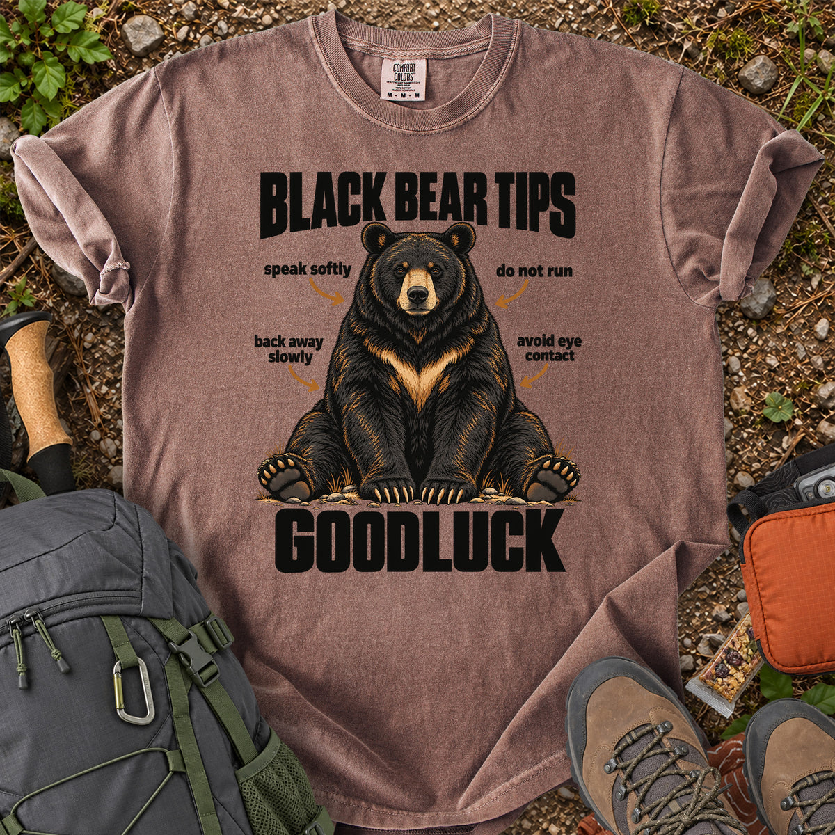 Bear Safety Tips Good Luck hiking humor graphic T-shirt